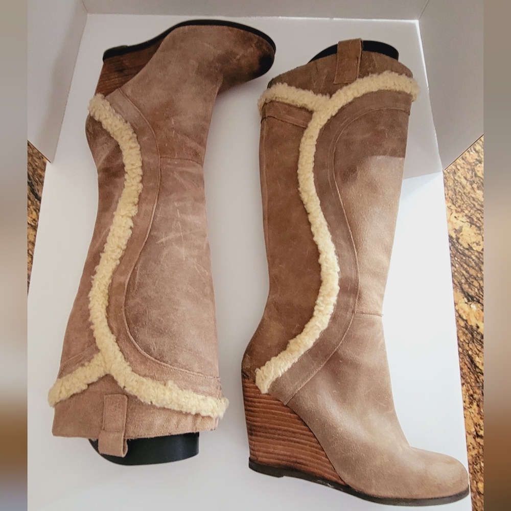 RARE Tall Fergie Shearling Lined Wedge Boots